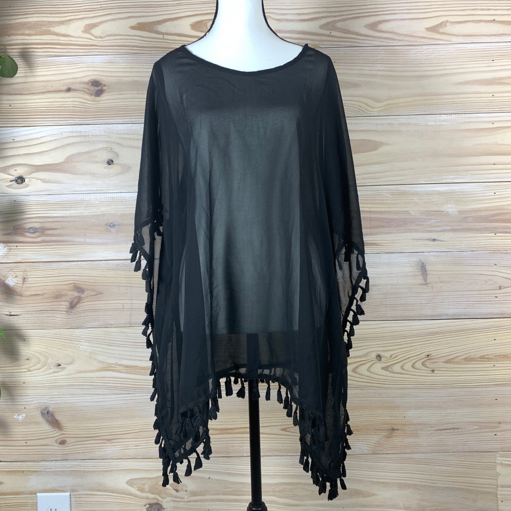 ADREAMLY‎ Top Women One Size Black Sheer Tassel Trim Boho Beach Cover Up
